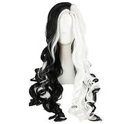CRUELLA Deville De Vil Cosplay Wigs 75cm Long Curly Half White Half Black Heat Resistant Synthetic Hair Wig + Wig Cap