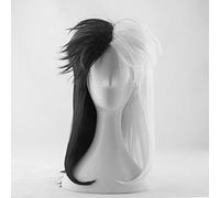 Cruella Deville De Vil Wig Half White Half Black Heat Resistant Hair Cosplay Costume Wig + Wig cap