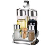 Cruet Set with Stand 5-Piece Stainless Steel Kitchen Spice Bottles Set-Salt and Pepper Shakers Oil and Vinegar Box Condiment Server Holder-Cooking Tools -5, Stainless Steel Glass Seasoning Bottle