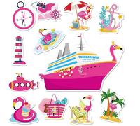Cruise Door Magnets Decorations, 12PCS Pink Flamingo Tropical Holiday Cruise Magnets, Cruising Essentials Reusable Magnetic Ship Cabin Door Signs Fridge Decor