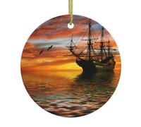 Cruise Ship Christmas Ceramic Ornament,Double-Sided Printed Round Bauble With Gold String,Unique Dual-Face Design For Xmas Tree Home Festive Decor