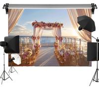 Cruise Ship Deck Wedding Polyester Backdrop 7x5FT Romantic Sunset Ocean Ceremony Background with Floral Arch and Chairs, Seaside Nautical Theme Backdrop Bridal Shower, Engagement, Party Decorations