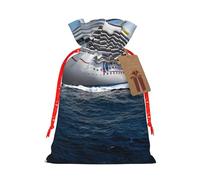 (Cruise Ship) Print Christmas New Year Candy Gift Bag, Red Xmas Ribbon Drawstring Bags for Kids Xmas Holiday Eve Presents M Size
