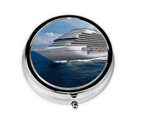 Cruise Ship Printed Round Travel Pill Box Cute Small Metal Pocket Pill Case for Men & Women 3 Compartment Portable Pill Organizer for Purse or Pocket