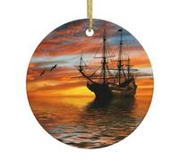 Cruise Ship Sailing in the Ocean with Sunset Following Christmas Ornaments, Holiday Decorations, Christmas Tree Ceramic Hanging