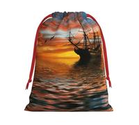 Cruise Ship Sailing In The Ocean With Sunset Following Print Ultra Soft Plush Drawstring Gift Bag, Xmas Party Candy Treat Favors, Christmas Holiday Sacks, Wedding Jewelry Pouches