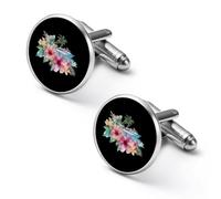Cruise Ship Tropical Flower Cufflinks for Men Round Cuff Links Black Tie Clips for Business Wedding Graduation
