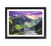 Cruise Ships Passing By Norway In Abstract Modern Art Framed Wall Art Print, Ready to Hang Picture for Living Room Bedroom Home Office Décor, Black A4 (34 x 25 cm)