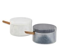Cruiser’s Caché | Set of 2 Marble Salt Cellars with Spoons | One Each White & Gray | For Gourmet Salts, Pepper, Spices & Seasonings | Small Round Lidded