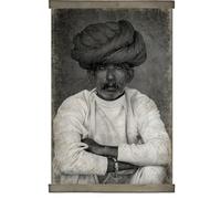 Cruiser’s Caché "Thinking Man-Mumbai India" Paper Scroll Wall Artwork. Printed on Recycled Paper, Reclaimed Wood Scroll Poles. 24”x36”