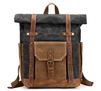 CRUITBILI Waxed Canvas Leather Hiking Travel Waterproof Backpack for School Weekend Travel Fit 15in laptops, Classic Black, midding, American Casual