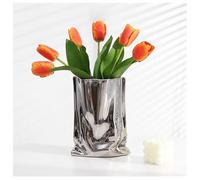 Crumpled Paper Shaped Ceramic Flower Vase, Silver Metal, Home Decor (Large)