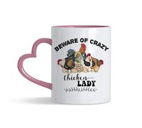 Crunchy Carrots Beware of Crazy Chicken Lady - 11 oz Coloured Heart Handle Ceramic Coffee Mug (Pink Heart Handle)