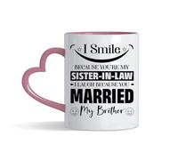Crunchy Carrots Funny Sister-in-Law Mug - I Smile Because You're My Sister-in-Law I Laugh Because You Married My Brother 11 oz Coloured Heart Handle Ceramic Coffee Mug. (Pink Heart Handle)