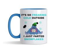 Crunchy Carrots It's So Freaking Cold Outside I Just Farted Snowflakes Eeyore Christmas Mug - 11 oz Ceramic Coffee Mug. (Blue Inside and Handle)