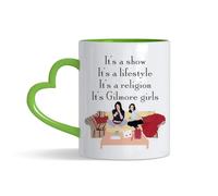 Crunchy Carrots Show, Lifestyle, Religion, It's Gilmore Girls 11 oz Coloured Heart Handle Ceramic Coffee Mug for Birthday, Christmas, Best Friend. (Green Heart Handle)
