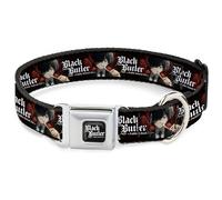 Crunchyroll Pet Collar, Dog Collar Metal Seatbelt Buckle, Black Butler Ciel Phantomhive Fork Pose and Title Logo, 16 to 23 Inches 1.5 Inch Wide