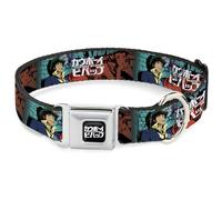Crunchyroll Pet Collar, Dog Collar Metal Seatbelt Buckle, Cowboy Bebop Spike and Faye Brick Pose and Logo Blues Reds, 11 to 16.5 Inches 1.0 Inch Wide