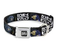 Crunchyroll Pet Collar, Dog Collar Metal Seatbelt Buckle, Cowboy Bebop Spike and Vicious Pose and Logo Black Blues, 16 to 23 Inches 1.5 Inch Wide