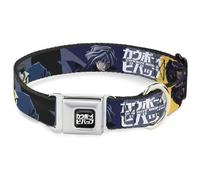 Crunchyroll Pet Collar, Dog Collar Metal Seatbelt Buckle, Cowboy Bebop Spike Vicious and Faye Pose and Logo Blue Yellow, 15 to 24 Inches 1.0 Inch Wide