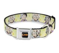 Crunchyroll Pet Collar, Dog Collar Metal Seatbelt Buckle, Dr Stone Chibi Senku and Gen Faces Stars Yellows, 13 to 17 Inches 1.5 Inch Wide