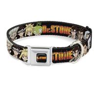 Crunchyroll Pet Collar, Dog Collar Metal Seatbelt Buckle, Dr Stone Title Logo and Character Group Black, 13 to 17 Inches 1.5 Inch Wide
