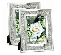 Crush Diamond Mirror Photo Frame In Bling Sparkle Crystal Silver Glass Finish, For Picture Size 4x6 inch, Pack of 2 Piece, table top Stand frame & Wall Frame.