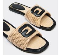 Crush Logo Woven Detail Flat Slider Sandal In Black Faux Leather, Women's Size UK 3