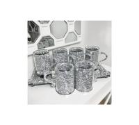 Crushed Diamond Crystal-Filled Mugs, Set of 6 - Silver Glass Encased Coffee Cups (300ml) | Standard Size