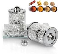 Crushed Diamond Crystal Salt and Pepper Shakers with Mirrored Tray, 20cm, Silver