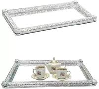 Crushed Diamond Decor Tray, Silver Ornament Bling, Crystal Filled, 39x18 cm, Mirror Tray for Tea, Coffee, Sugar
