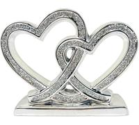 Crushed Diamond Double Heart Square Base Decorative Shelf Ornament, 25cm, Silver, Sparkly Bling