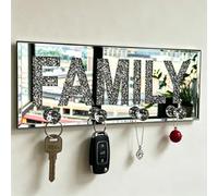 Crushed Diamond FAMILY Key Holder, Silver Mirror Wall Decor,11.8" ,4 Hooks