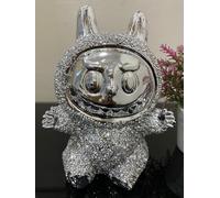 Crushed Diamond Figurine - Standing Sparkling Silver Statue, Crystal Rhinestone Art Ornament for Home, Office & Shelf Décor (Sitting)