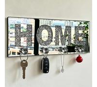 Crushed Diamond HOME Key Holder, Silver Mirror Wall Decor,11.8" ,4 Hooks