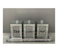 CRUSHED DIAMOND JARS+TRAY CRYSTAL FILLED TEA COFFEE SUGAR CANISTERS