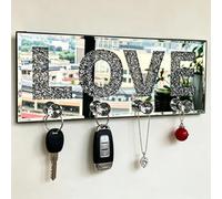 Crushed Diamond LOVE Key Holder, Silver Mirror Wall Decor,11.8" ,4 Hooks