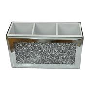 Crushed Diamond Mirror Makeup Brush Holder, Organiser, Beauty Box Container, 3 Compartments