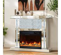 Crushed Diamond Mirrored Electric Fireplace with Mantel, Freestanding Fireplace Heater with Bluetooth Speaker, 7 Color 3D Flame Effects, Remote Control, Silver Fireplace for Living Room Bedroom&Corner