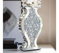 Crushed Diamond Mirrored Vase 15" S-Curve Silver Sparkle Decor Centerpiece