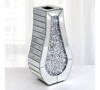Crushed Diamond Mirrored Vase, 40cm Tall, Silver Glass, Curved Shape, Decorative