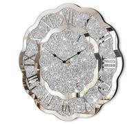 Crushed Diamond Mirrored Wall Clock Silver Modern Crystal Clocks for Bedroom Unique Home Decorative Glass Mirror Hanging Clock for Living Room Office Dining Decor