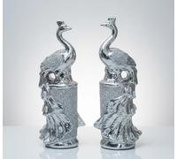 Crushed Diamond Silver Ceramic Peacock Pair Set of 2 - Sparkling Shelf Sitter Home Decoration, Luxury Bling Ornament, Glitter Peacock Figurines for Living Room, Bedroom, Office, Table Decor Gift BB-28