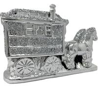 Crushed Diamond Silver Horse & Wagon Ornament - Set of 3 Sparkle Bling Animal Figurines | Crystal-Encrusted Horse Sculpture for Home Décor | 35x25x20cm Decorative Shelf Sitter