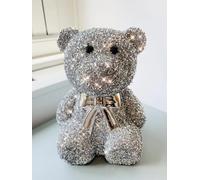 Crushed Diamond Silver Shine Teddy Bear Ornament, 18cm, Sparkle Bling, Gift for Girls, Birthday, Wedding, Anniversary