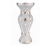 Crushed Diamond Silver Sparkle Flower Vase - 30cm Mosaic Mirrored Bling Vase Handmade Crystallized Ceramic Ornament Rhinestone Floor Centerpiece for Living Room, Dining Table, Boutique Hotel Decor