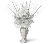 Crushed Diamond Silver Sparkle Mosaic Vase with White Artificial Silk Flowers Ornament - Glitter Flower for Home Decoration 30cm Vase 35cm Flower
