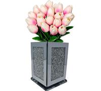 Crushed Diamond Silver Sparkle Square Flower Pot Vase, 15cm, Crystal Ceramic, Floral Design