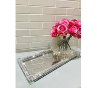 Crushed Diamond Tray Decor, Silver, 39x18cm, Crystal Filled Mirror Vanity Tray, Home Decor