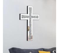 Crushed Diamond Wall Cross, Mirrored Glass Religious Decor, Silver Crystal Design